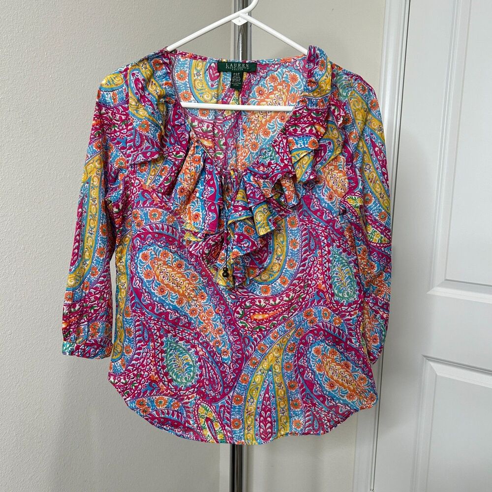 Lauren Ralph Lauren Blouse Womens Petite Small Multi Ruffle Tiered Peasant Boho